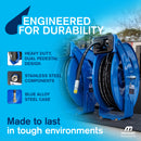 Macnaught Air Hose Reel engineered for durability with heavy duty pedestal design, blue alloy steel case