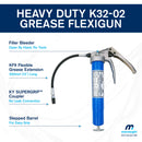 Macnaught heavy duty Flexigun Grease Gun with filler bleeder,KF9 Flexible Grease extension, KY Super grip coupler and stepped Barrel.