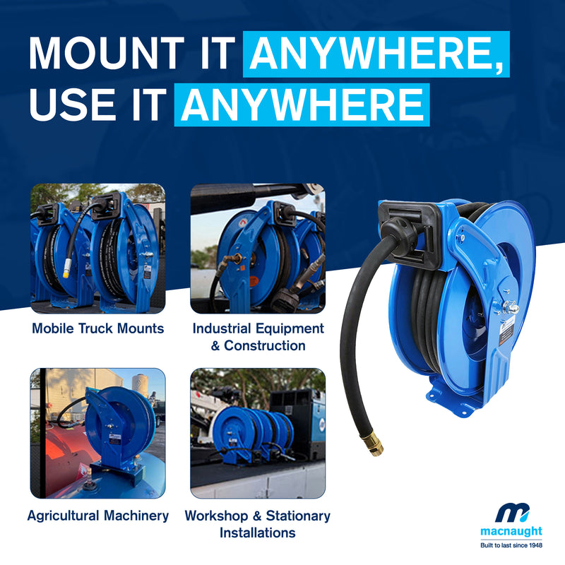 Macnaught M3 Industrial Grade Air / Water Hose Reel with 1/2in. x 50ft hose, 300 PSI Shop and Truck Mount Duty  PN