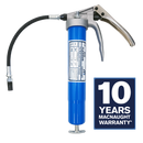 Macnaught Heavy Duty Pistol Grip Grease Gun with 10 Yr Warranty, Bulk fillable or 14oz. cartridge. 1/8 NPT Flex Connection x 12″ long, KY Supergrip three-jaw high-pressure coupler. No leak connection