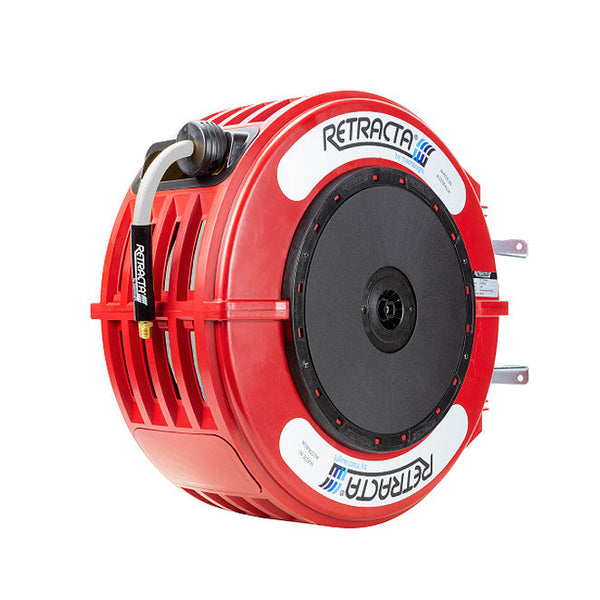 Macnaught R3 Engineered Thermoplastic Heavy Duty Hose Reel Hot Wash 1/2 inch x 65 ft 185F MAX 150PSI Red Case / White Hose PN# HW465R-02